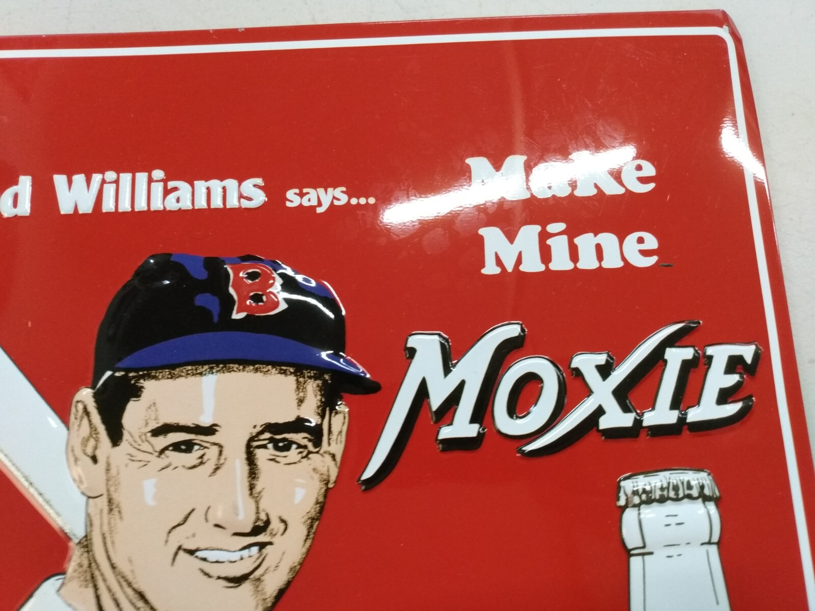 Ted Williams says Make Mine Moxie Tin Metal Repro 13″x17″ Sign
