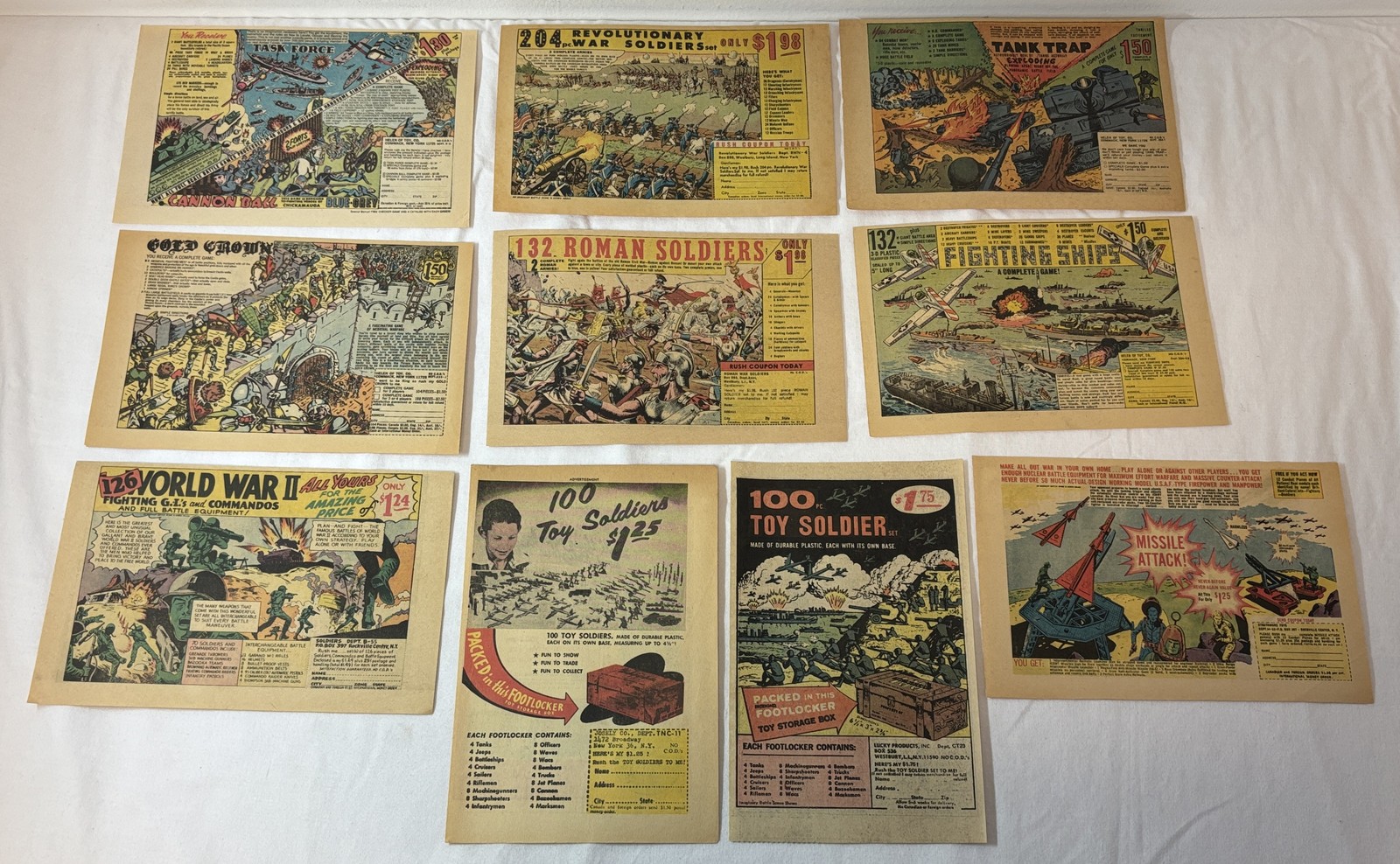 lot of ten TOY PLASTIC SOLDIER ads ~ 1950’s-1970’s~WWII,Missile Attack, more