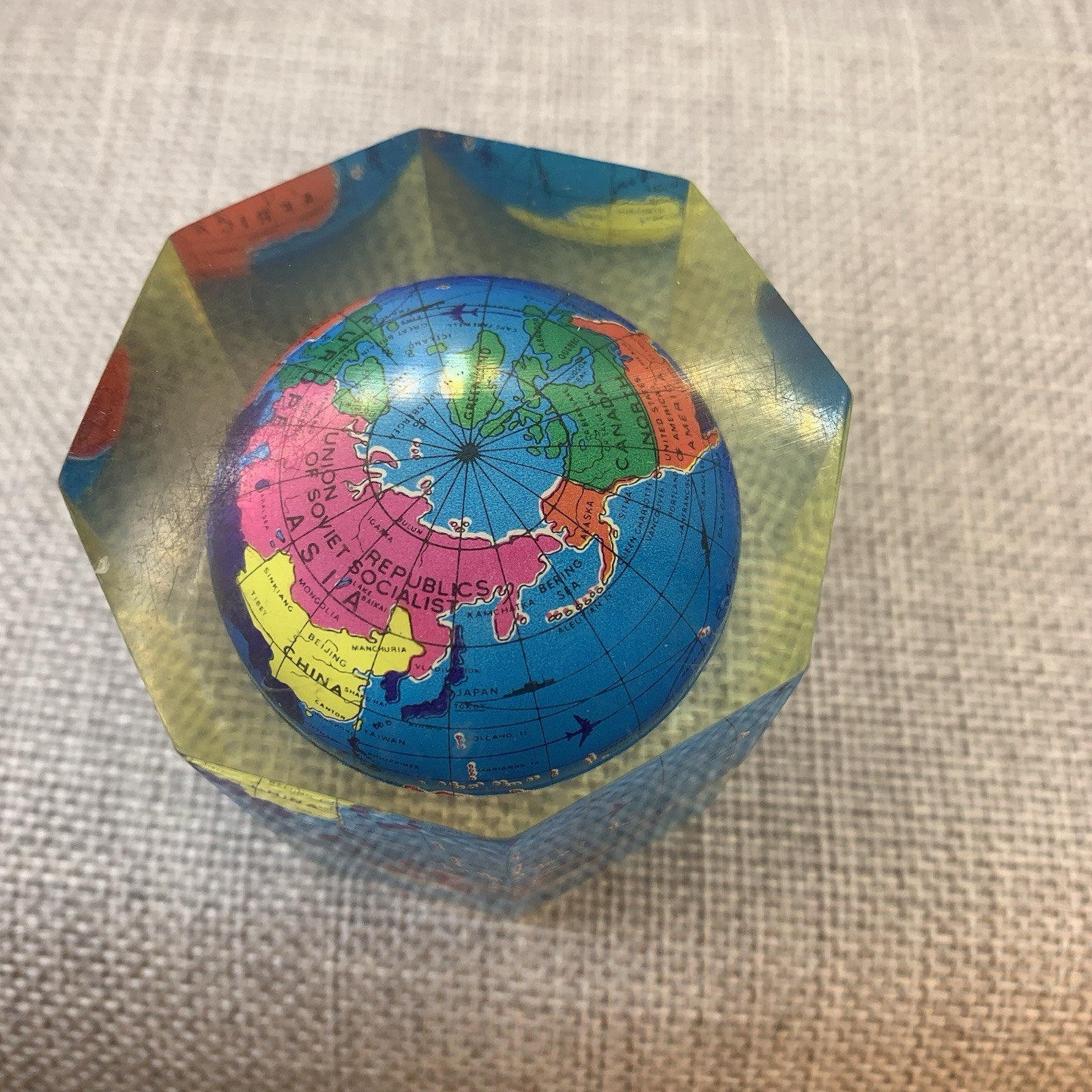 Vintage Lucite Globe Paperweight 2”x 2” Small Globe