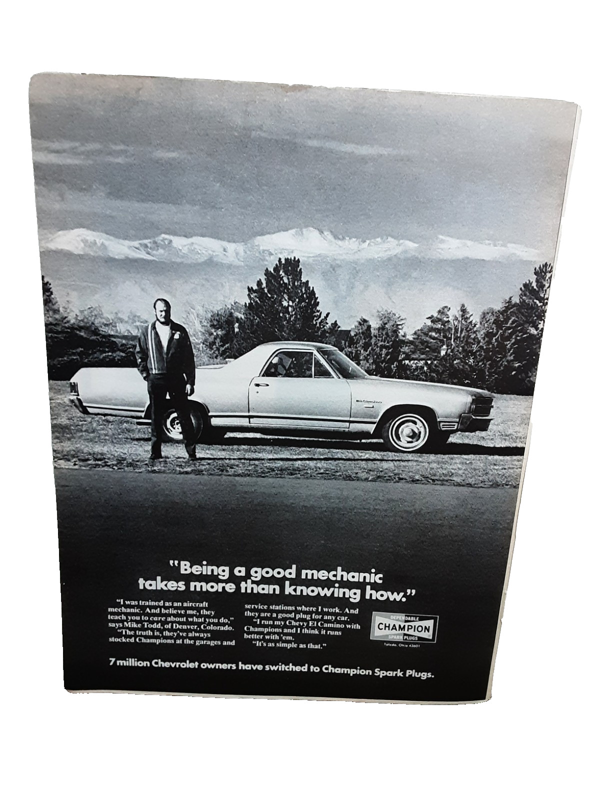 1972 Champion Spark Plugs Ad Chevy El Camino Mechanic Vintage Print
