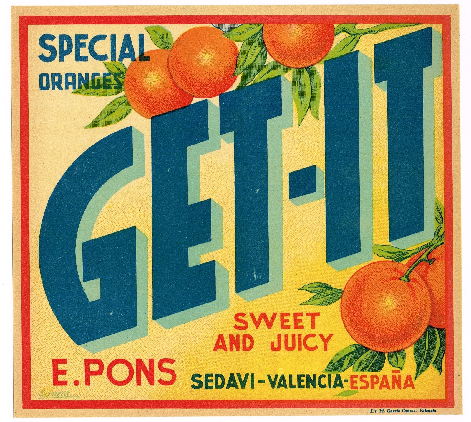 ORIGINAL VINTAGE 1950S CRATE LABEL SPAIN MID CENTURY TYPOGRAPHY GET IT! VALENCIA