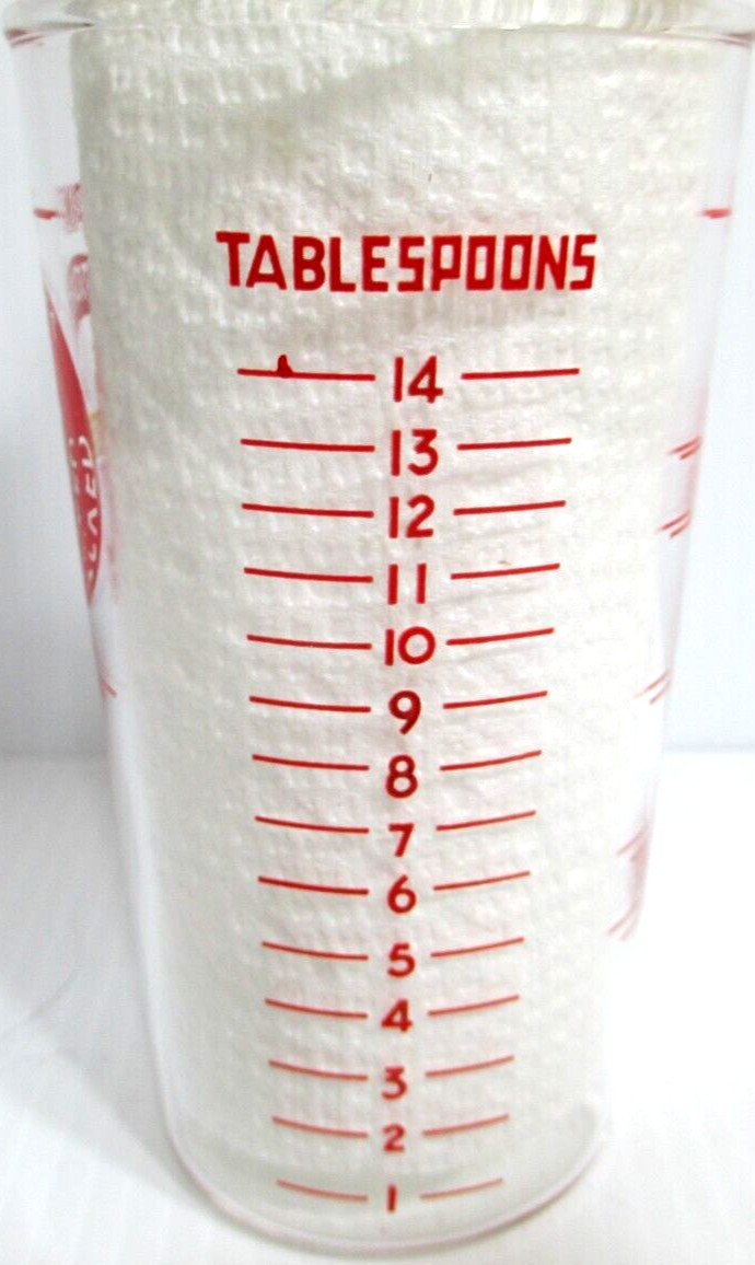 Vintage V-Stores Values Quality Checked Advertising Measuring Glass 8 oz. 4 3/4″