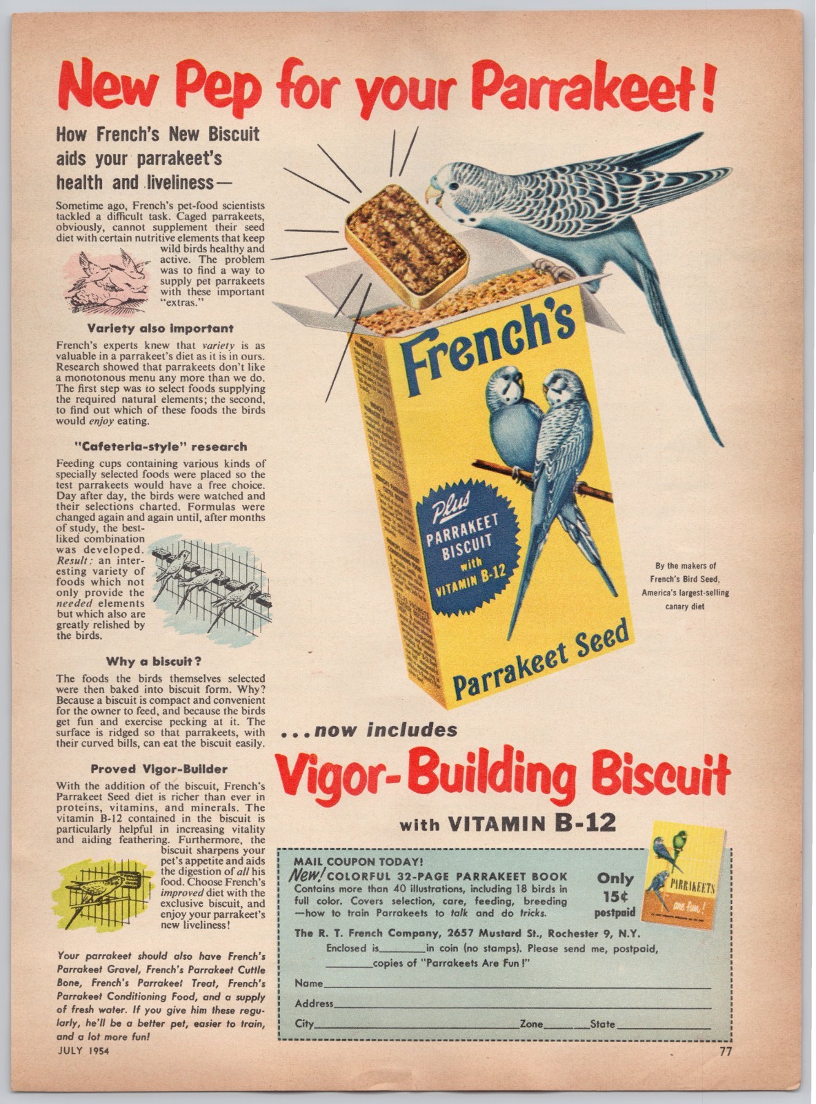Parakeet Food Vigor Building Biscuit French’s Bird Food Coupon Book1954 Print Ad