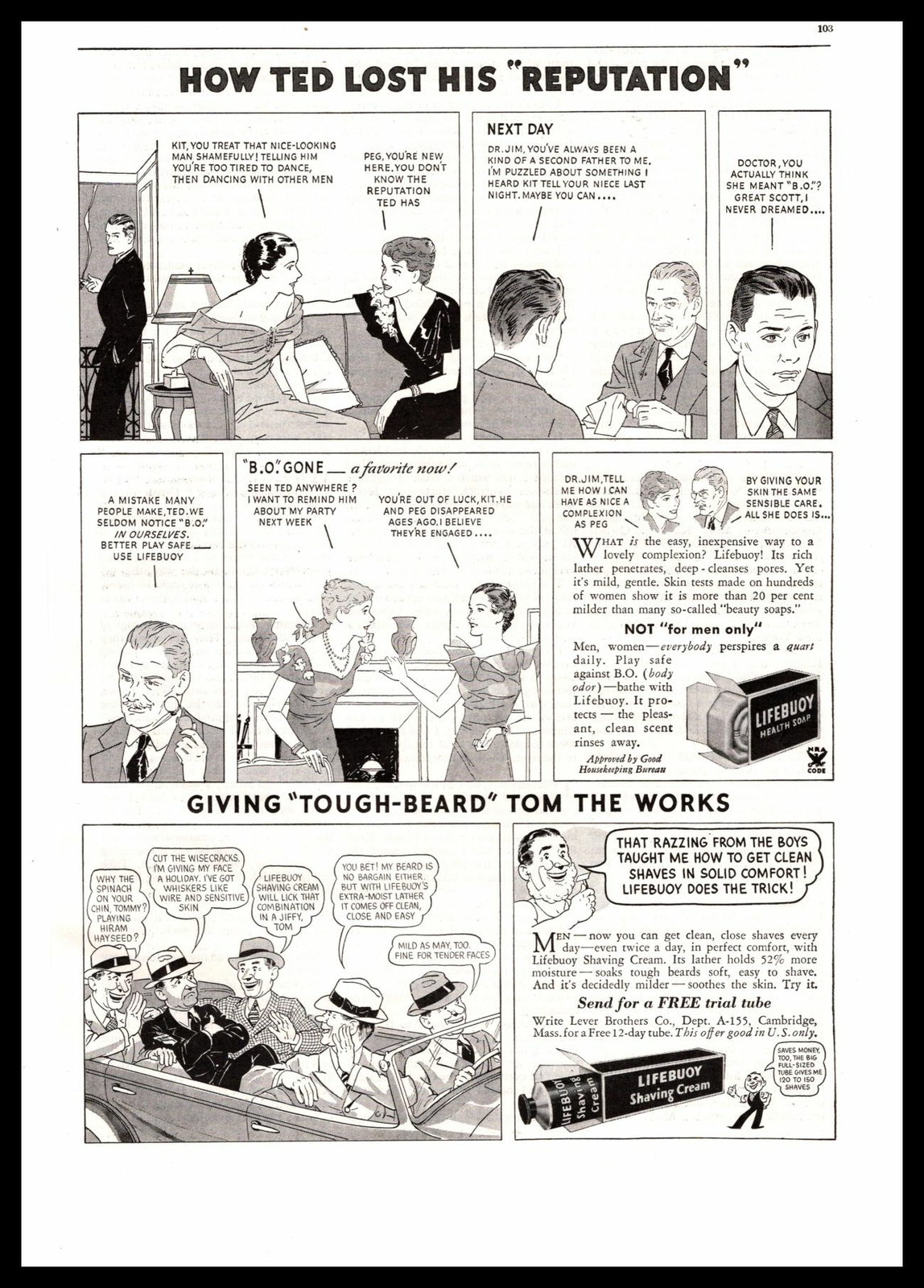 1935 Lifebuoy Soap Body Odor “How Ted Lost His Reputation” Comic Strip Print Ad