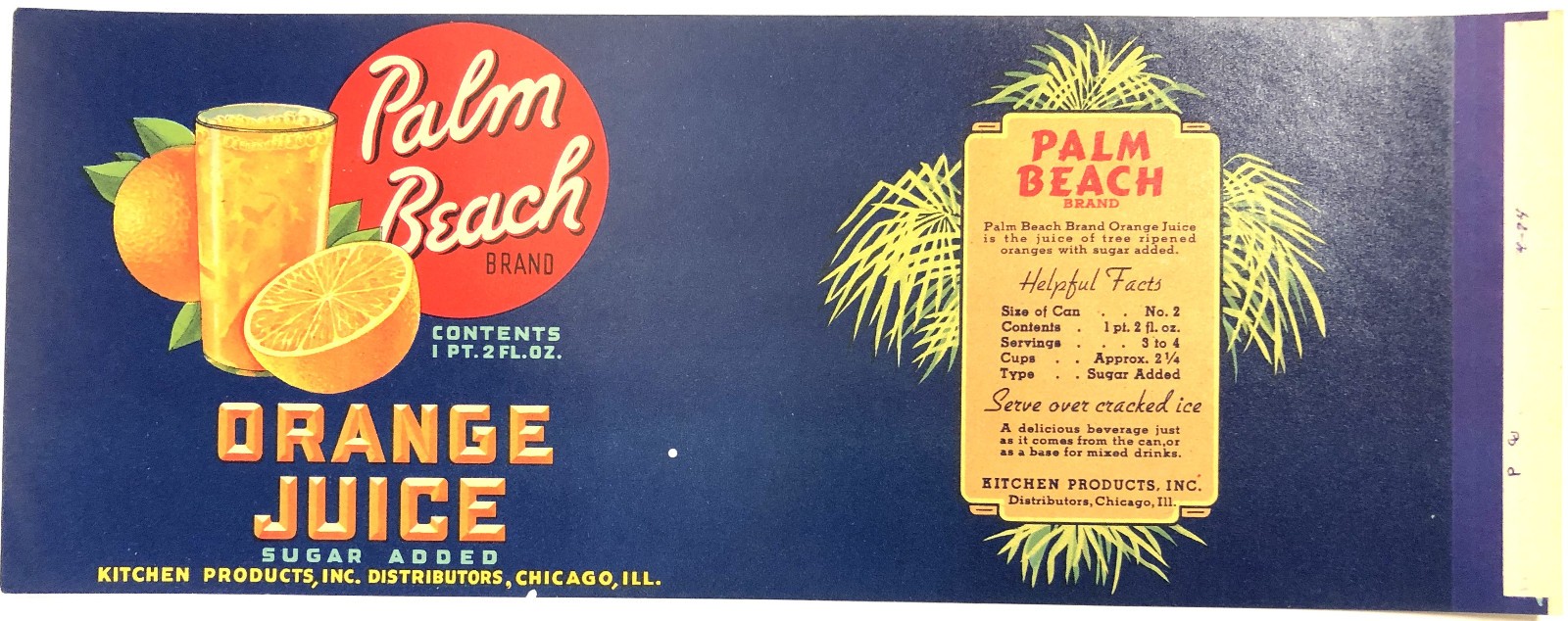 Palm Beach Brand Orange Juice Can Label Kitchen Products Chicago, IL 2 holes
