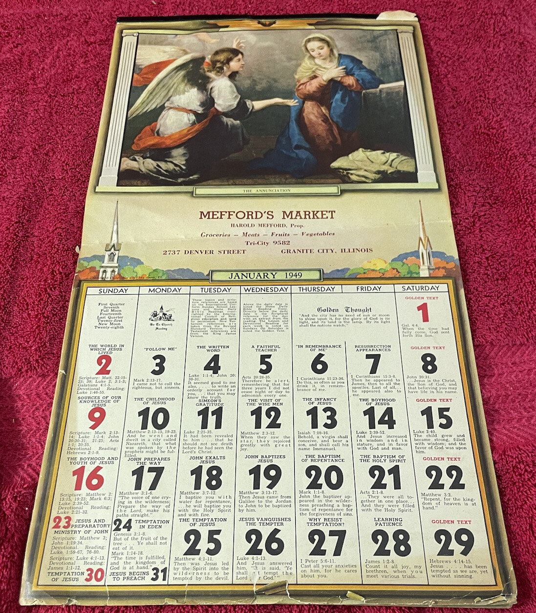 Vintage Advertising 1949 Medford’s Market Granite City Calendar Religious