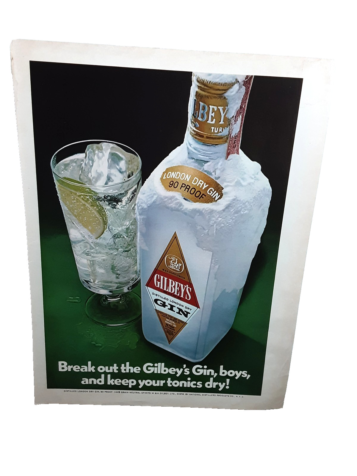 1972 Gilbey’s Gin Ad London Dry 90 Proof Frosted Bottle Tonic Vintage