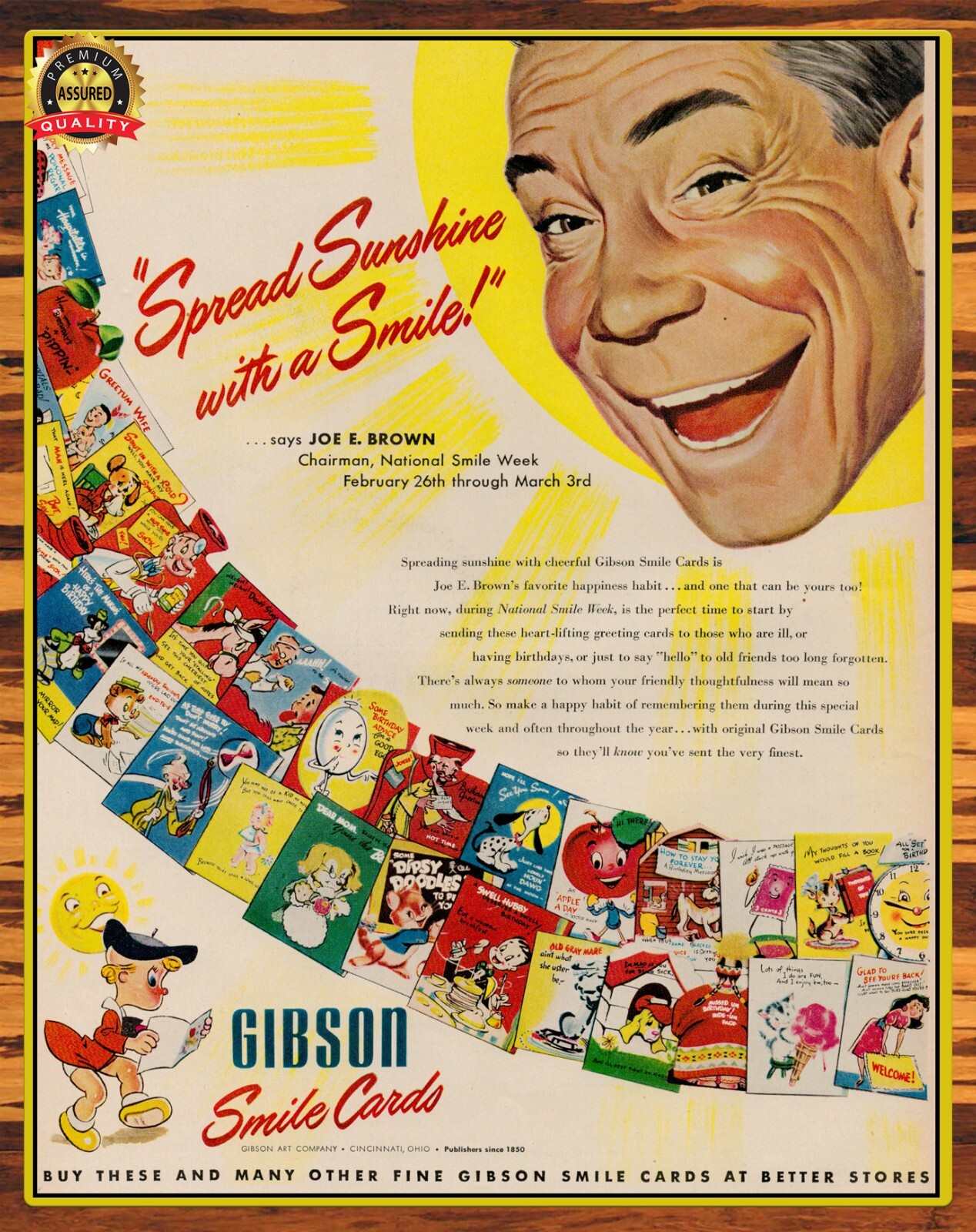 Gibson Smile Cards – Spread Sunshine With A Smile – 1950s – Metal Sign 11 x 14