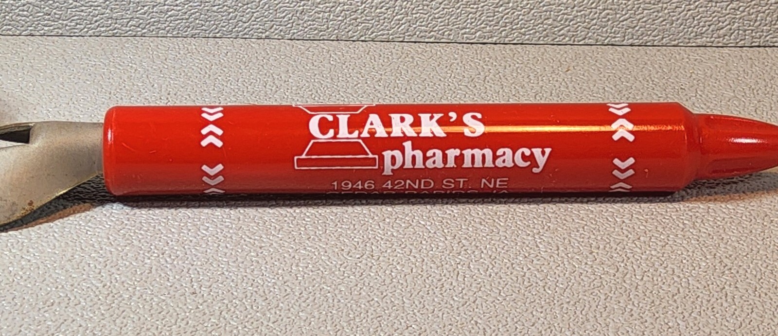 1990 Advertising Can, Bottle Opener – Clarks Pharmacy ~ Cedar Rapids, Iowa. CO-6