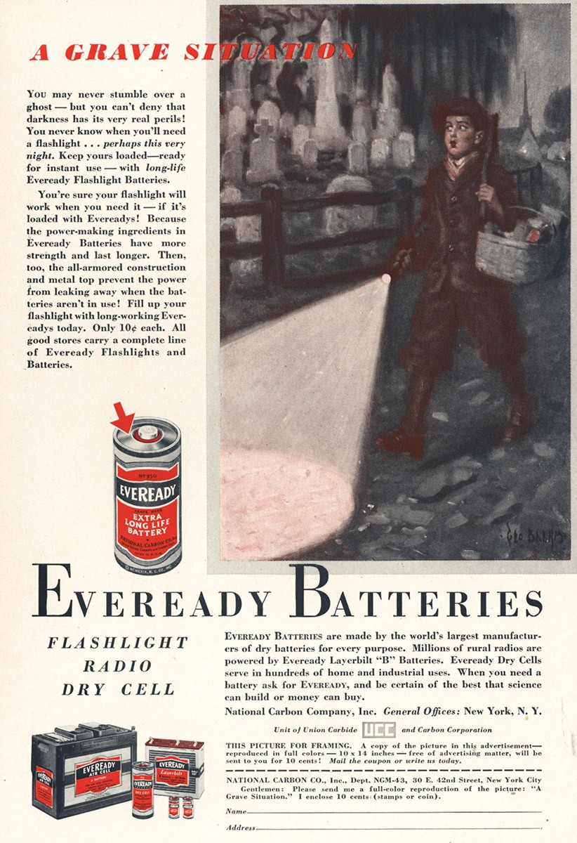 1933 Eveready Batteries: A Grave Situation Vintage Print Ad