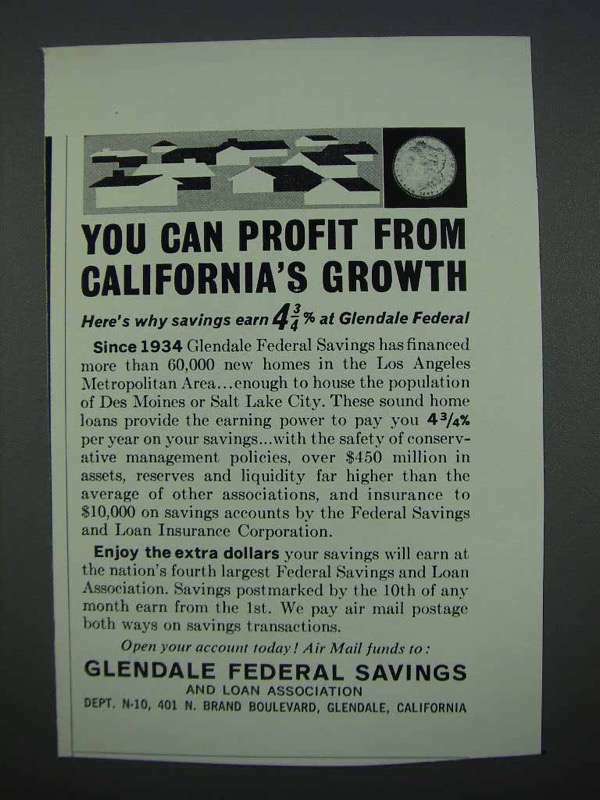 1962 Glendale Federal Savings Ad – You Can Profit