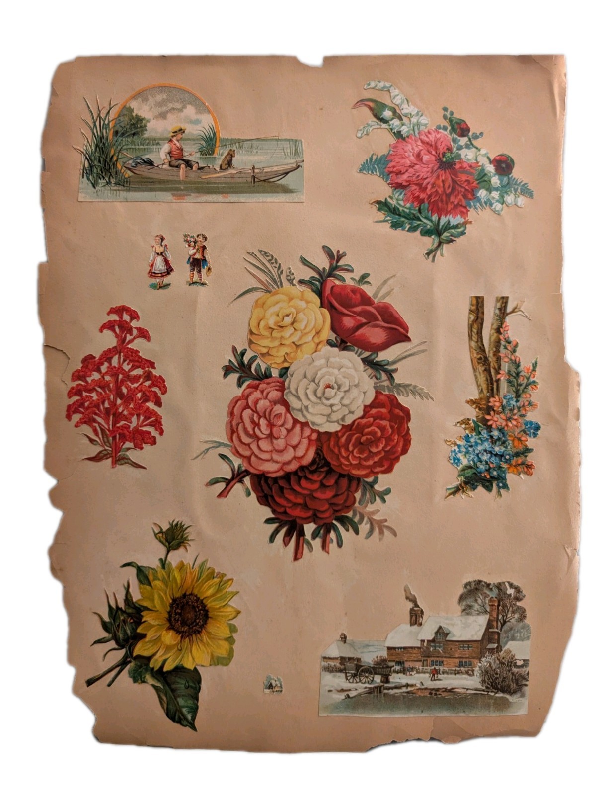 Antique Victorian Scrapbook Page Die Cuts Flowers Cherub Angel Children c1890