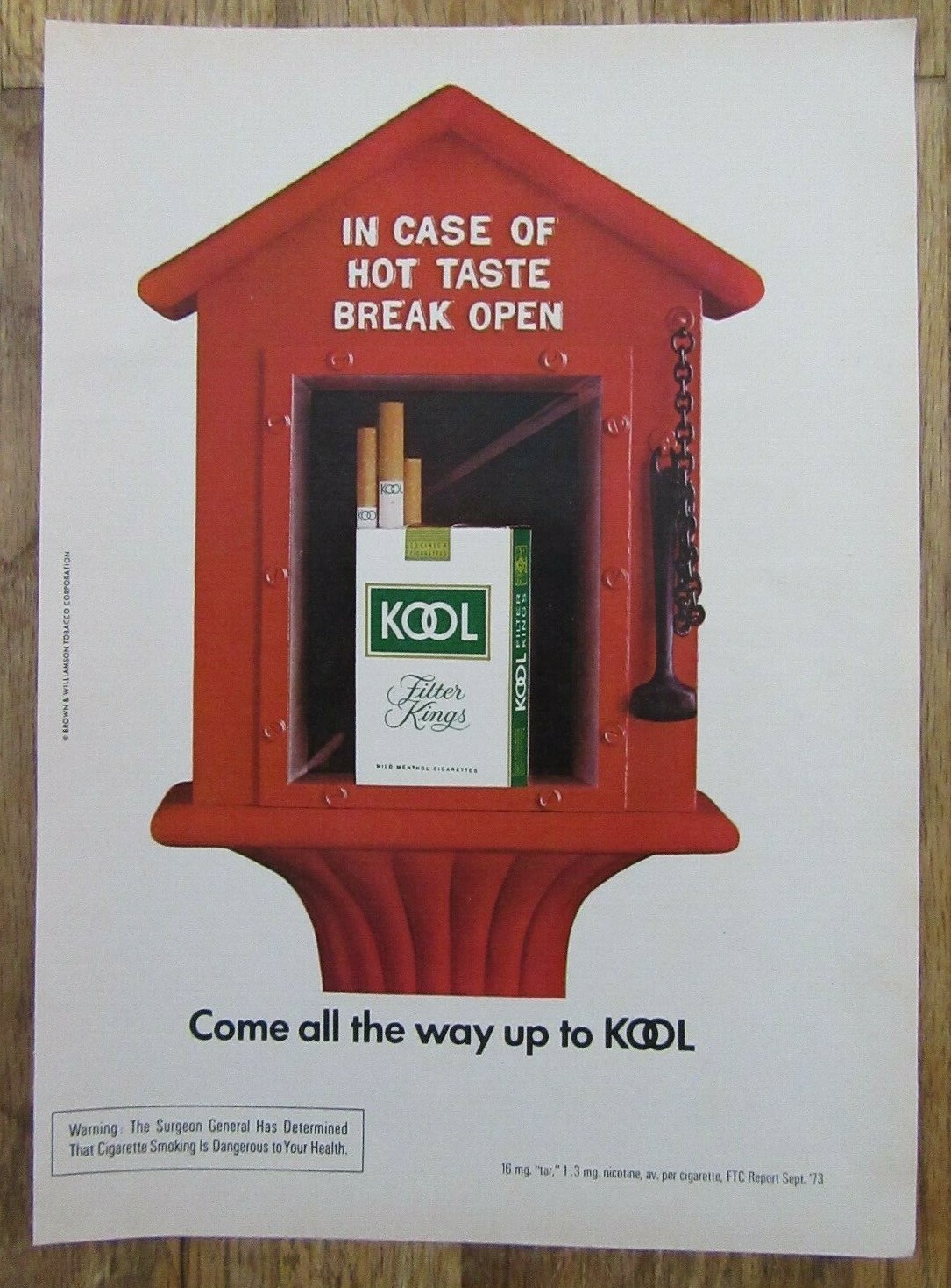 1973 KOOL Filter Kings Menthol Cigarettes Emergency Fire Box Magazine Ad