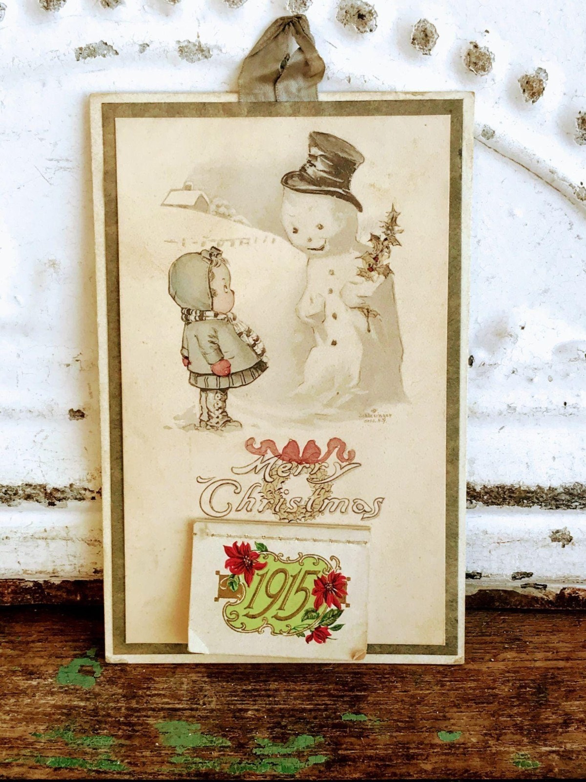 Antique 1915 Die cut Calendar Card Girl Snowman