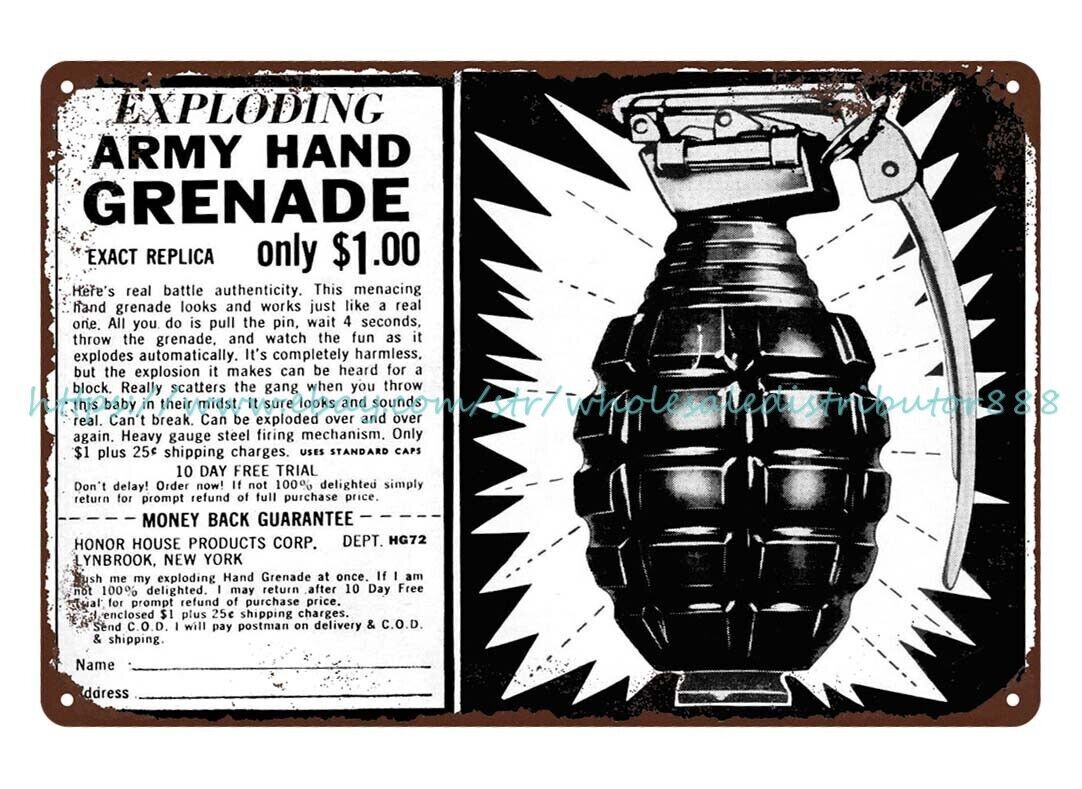 wall art designs Honor House Exploding Army Hand Grenade 1959 metal tin sign