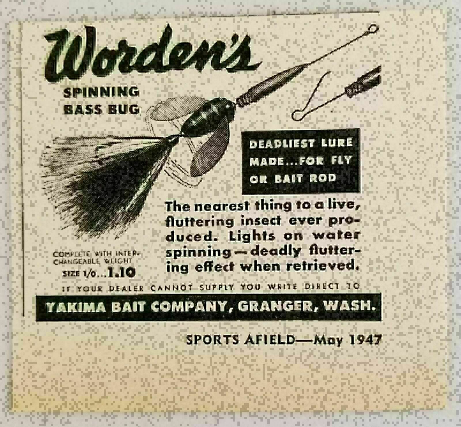 1947 Print Ad Worden’s Spinning Bass Bug Fishing Lures Yakima Granger,WA