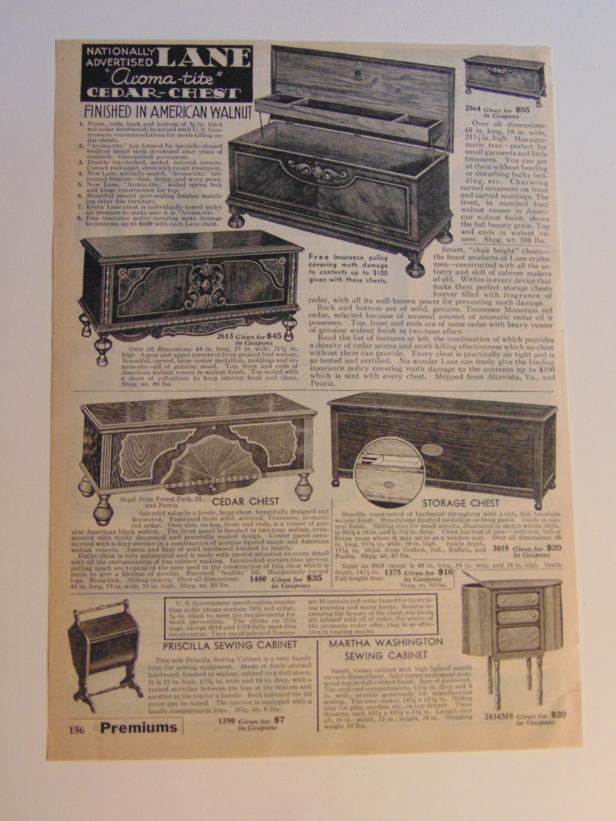 1936 LANE Aroma-tite CEDAR-Chests catalog page print ad