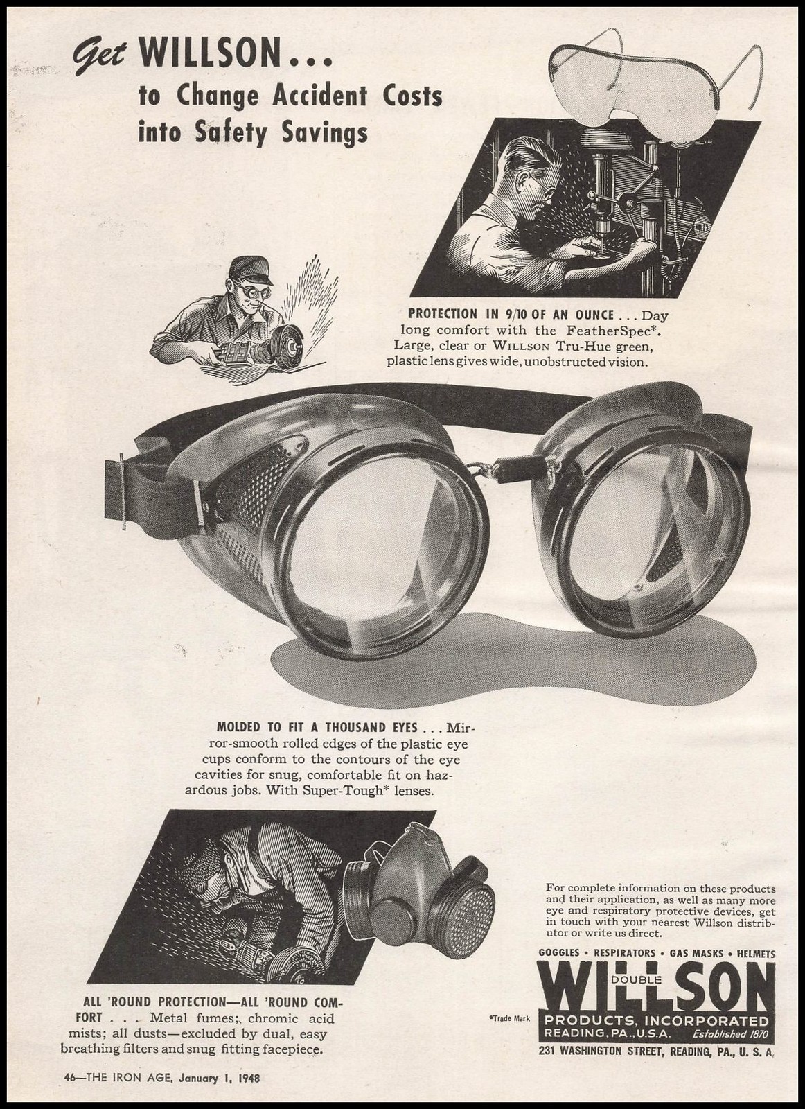 1948 Willson Products Inc. Reading PA Factory Worker Goggles Drawings Print Ad