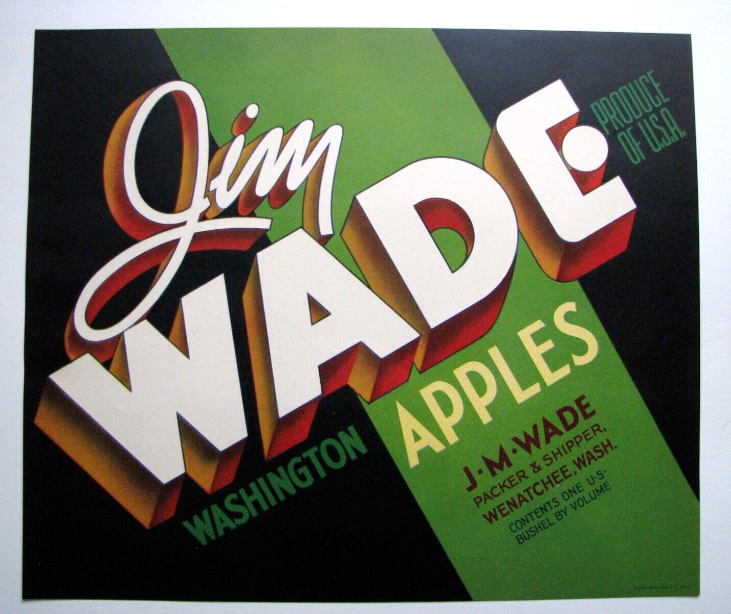 Original JIM WADE apple crate label Wenatchee Washington J.M. Wade green