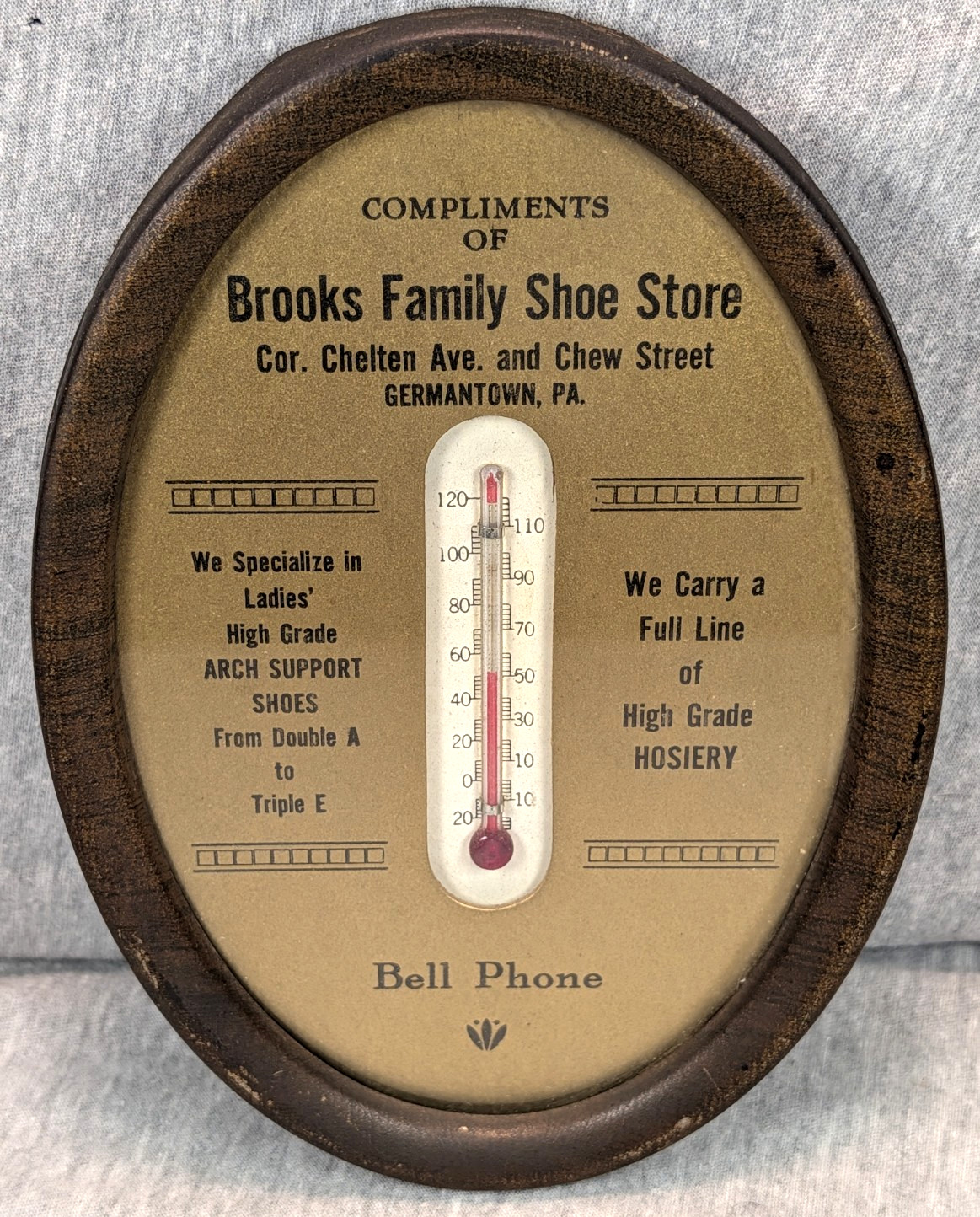 Antique Brooks Family Shoe Store Germantown PA Advertising Oval Thermometer