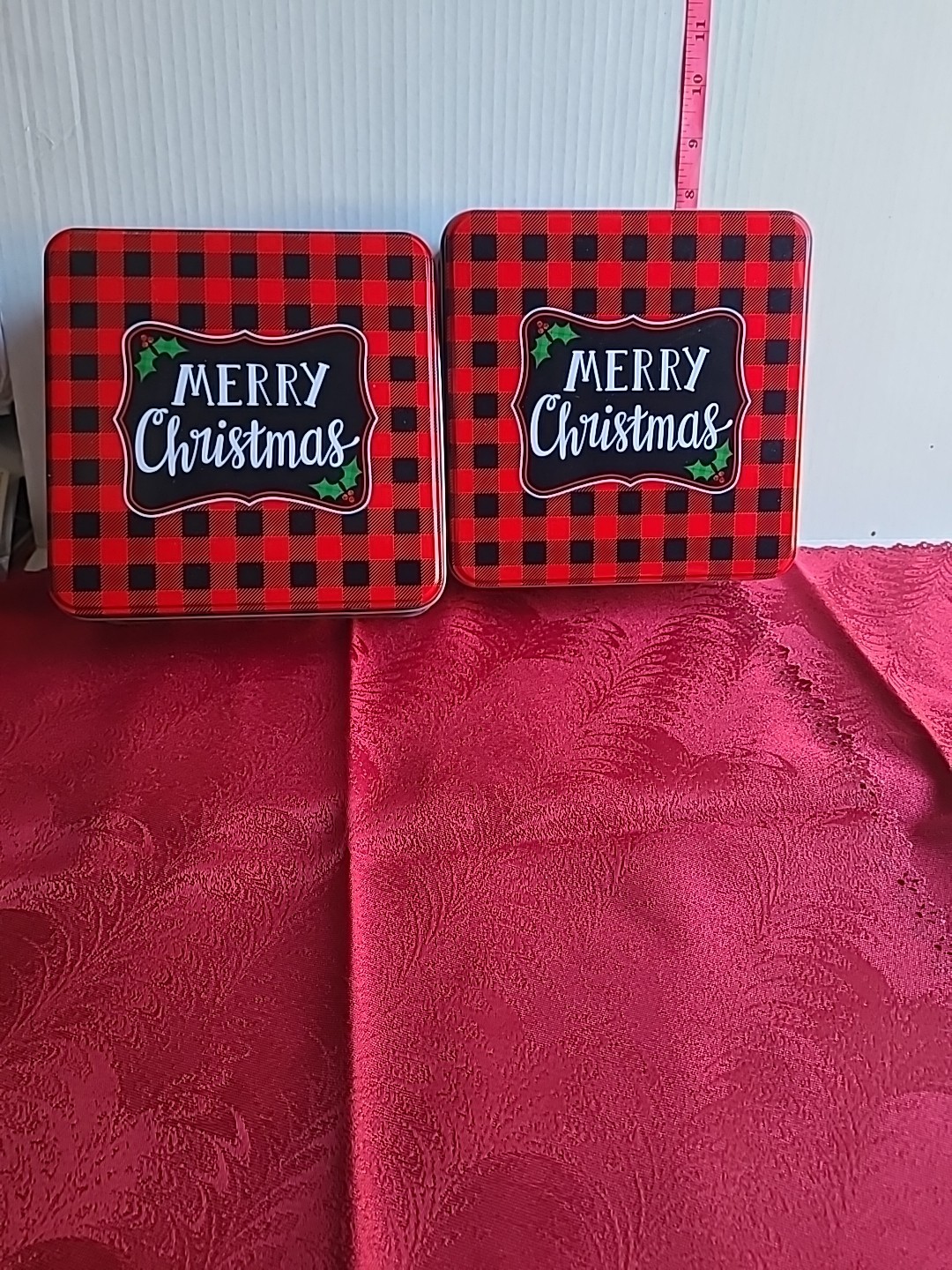 Merry Christmas Cookie Tin Red Black Buffalo Check Plaid Square EMPTY Lot Of 2