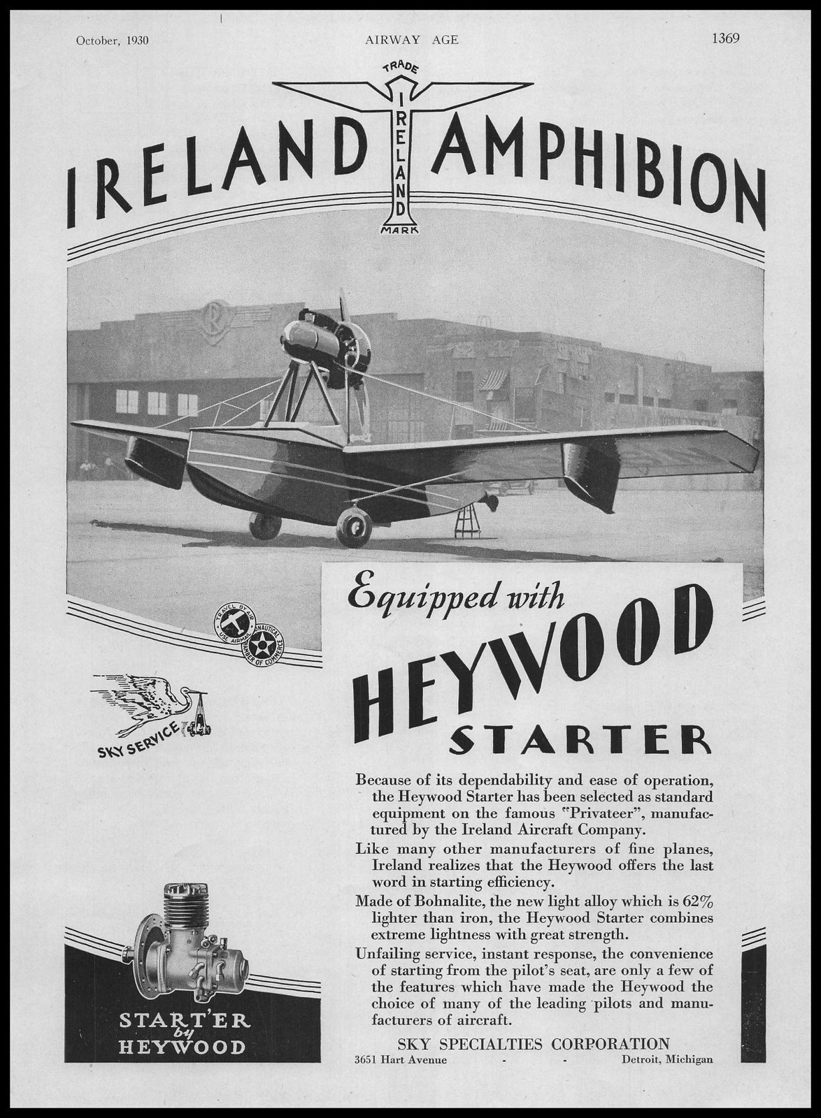1930 Ireland Amphibion Seaplane Photo Heywood Starter Sky Specialties Print Ad