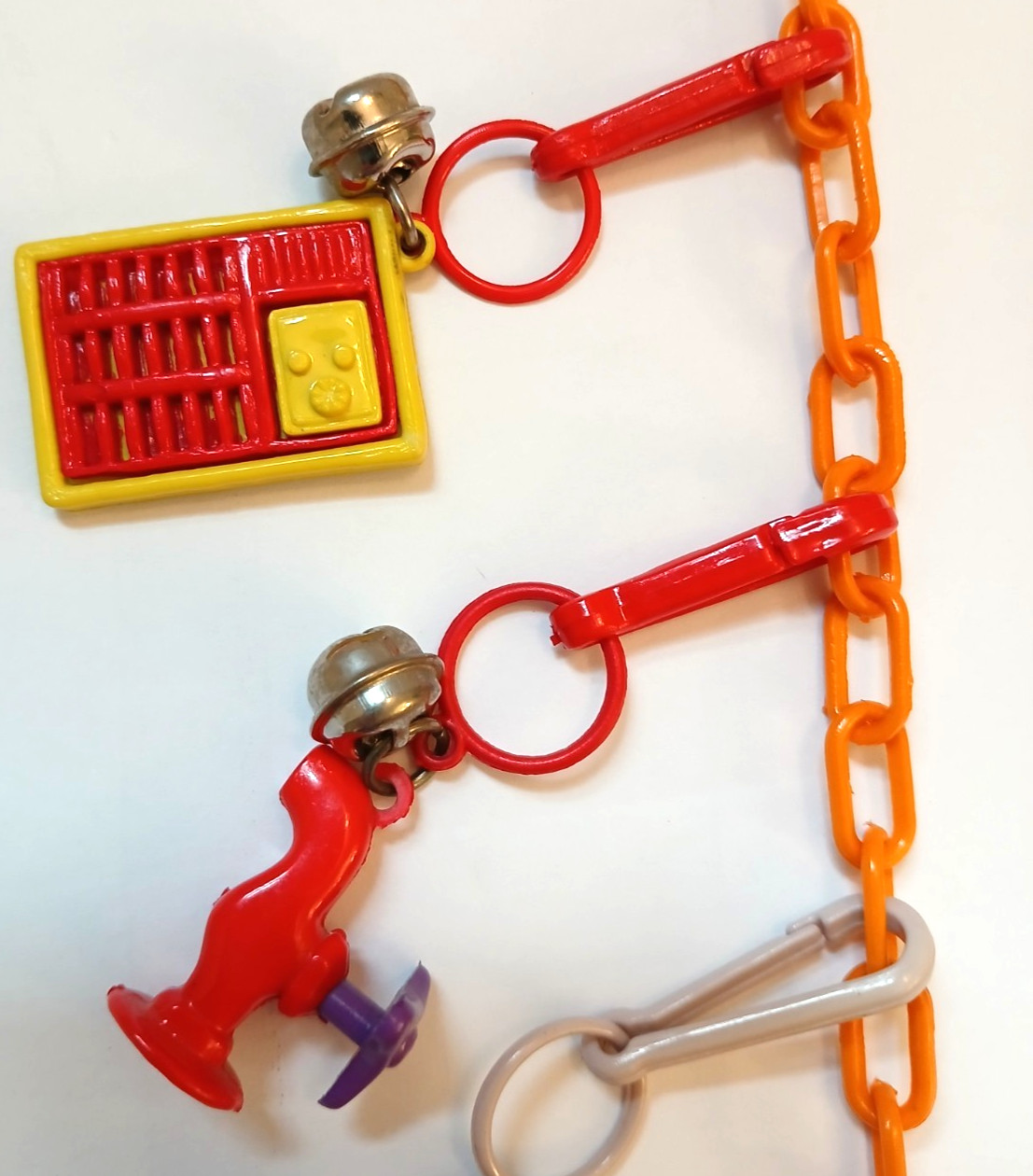Vintage 80s Bell Charm Necklace w/ 15 Plastic Clip Charms and Orange Chain Retro