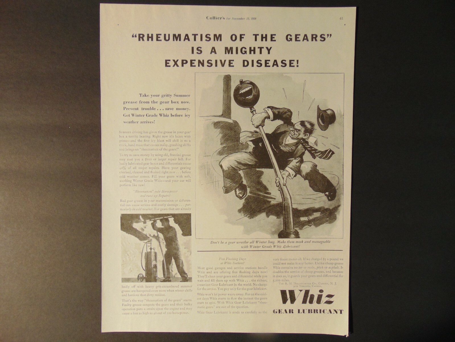 1930 WHIZ GEAR LUBRICANT For Rheumatism of the gears ~ print ad