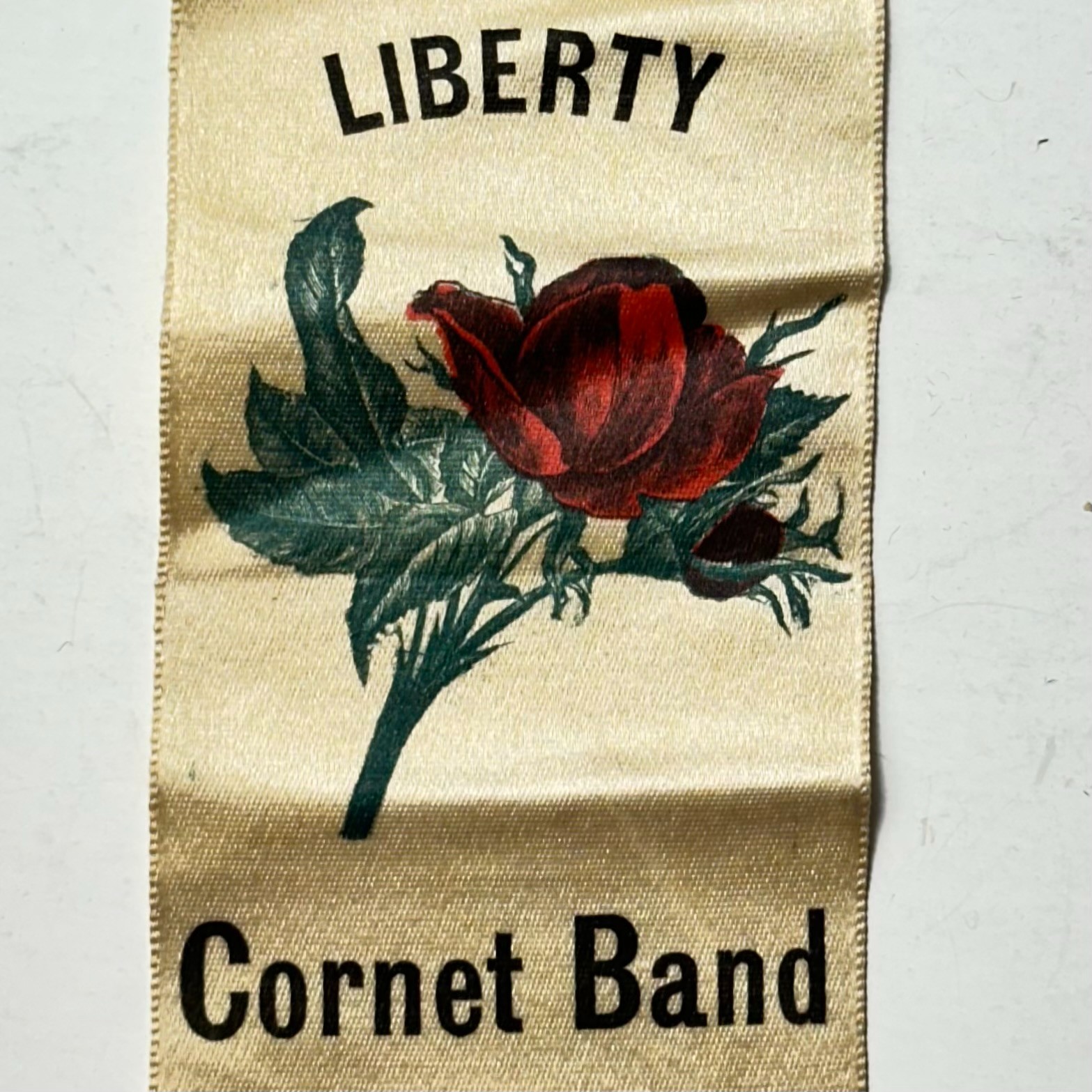 Liberty Cornet Band Vintage Pinback Ribbon Red Rose 5.75″H