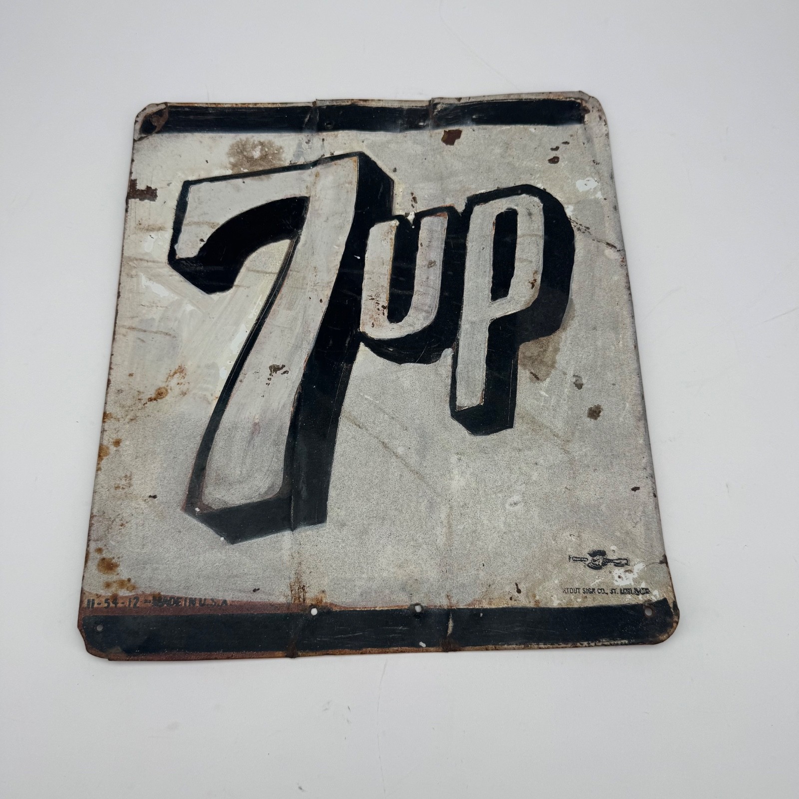 Vintage 1954 7UP Patina Embossed Tin Metal Advertising Sign Stout Sign Co USA