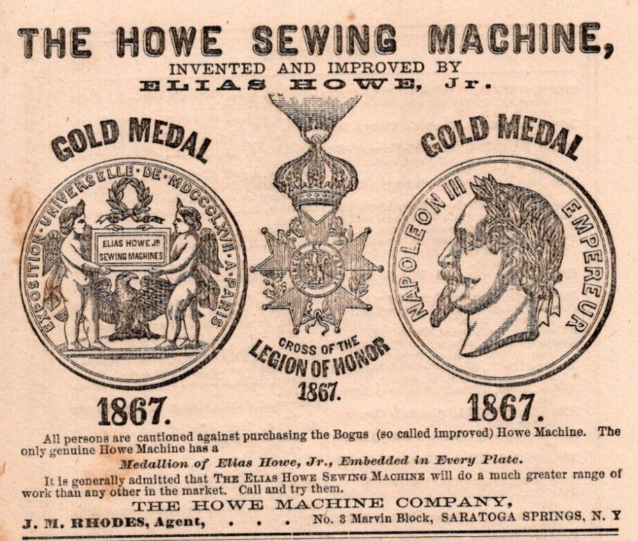 1871 HOWE SEWING MACHINE CO GOLD MEDAL J M RHODES AGENT SARATOGA SPRINGS NY