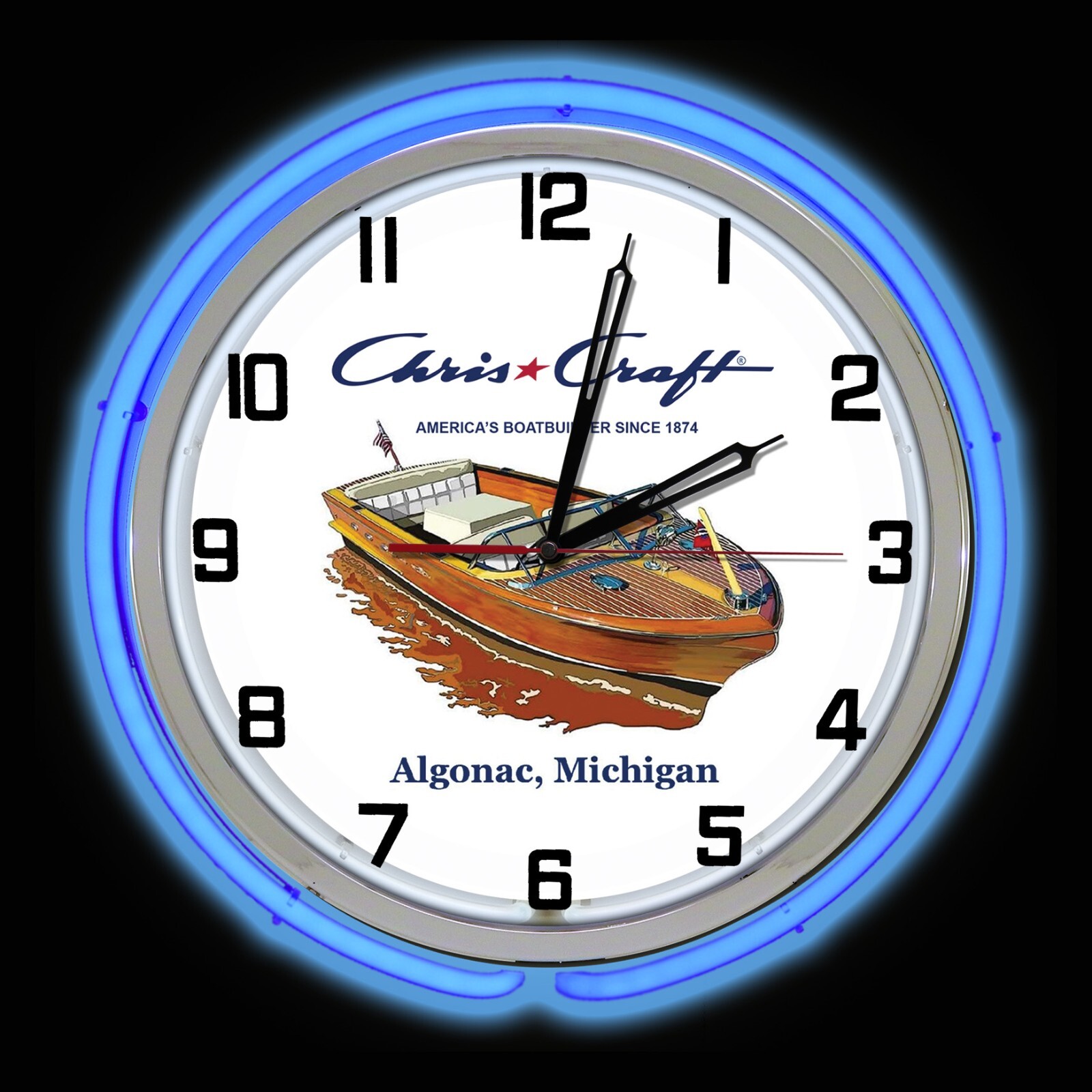 19″ Chris Craft America’s Boatbuilder Blue Double Neon Clock Boat