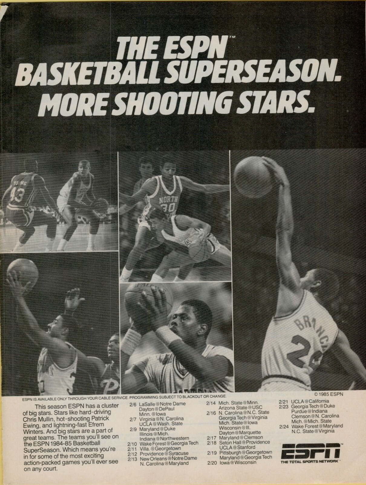 1985 ESPN Superseason Ewing Georgetown College Basketball Duke Vintage Print Ad