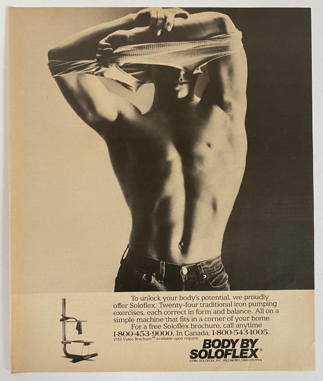 1985 Body By Soloflex Exercise Equipment Sexy Man Taking Off Shirt Print Ad
