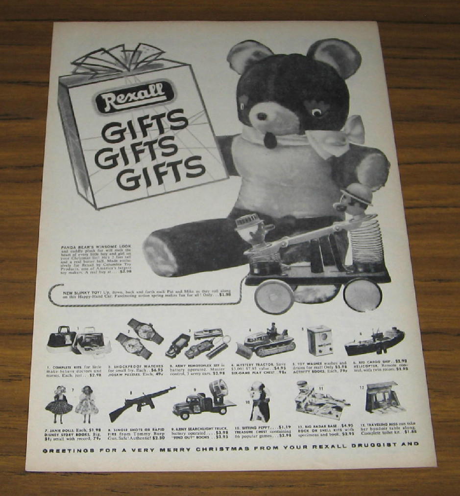 1957 Vintage Ad Rexall Drug Stores Holiday Toy Gifts Slinky Happy Hand Car