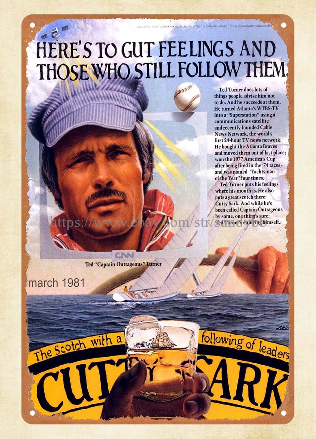 Cutty Sark whiskey 1981 Ted Turner yachting gut feelings metal tin sign
