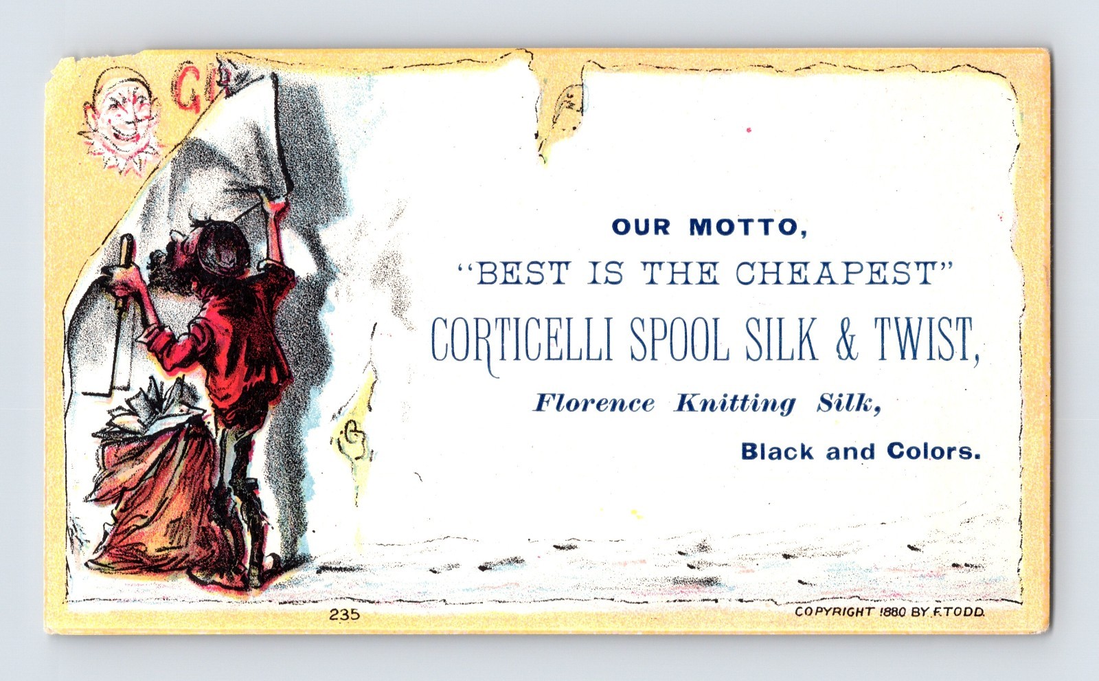 Corticelli Spool Silk Thread Sewing 1890s Victorian Trade Card 2.5″ x 4.5″