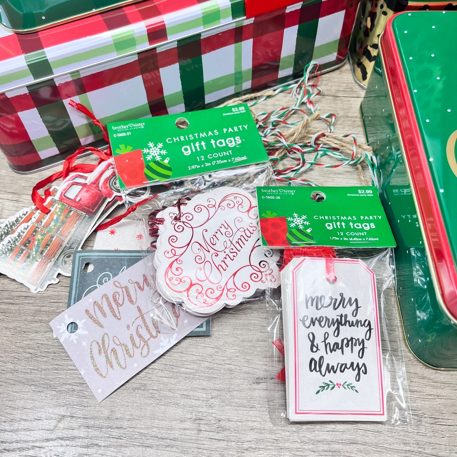 NEW Lot 12 Christmas Cookie Tins Metal Holiday Gift Boxes Small Large + Bows Tag