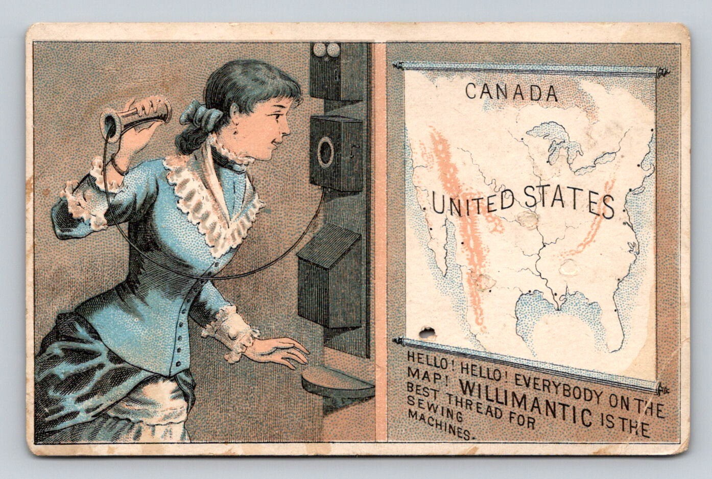 Willimantic Six Cord Woman Telephone Canada United States Map P387