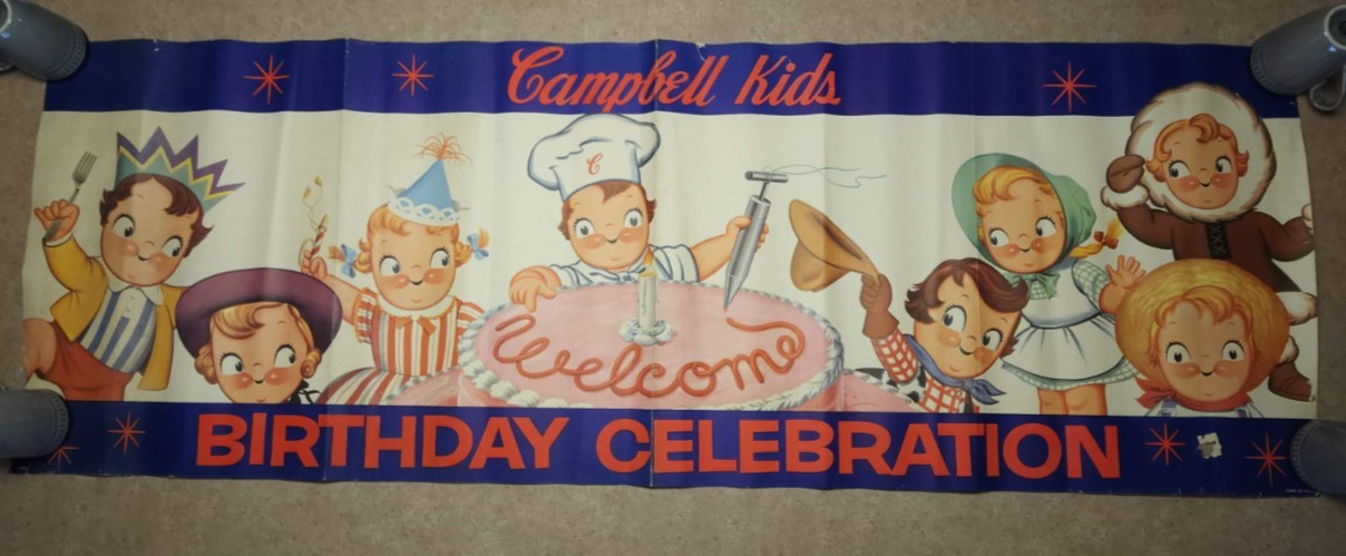 Vintage 1957 Campbell Kids Advertising Poster 72″ Long – Rare – Happy Birthday!