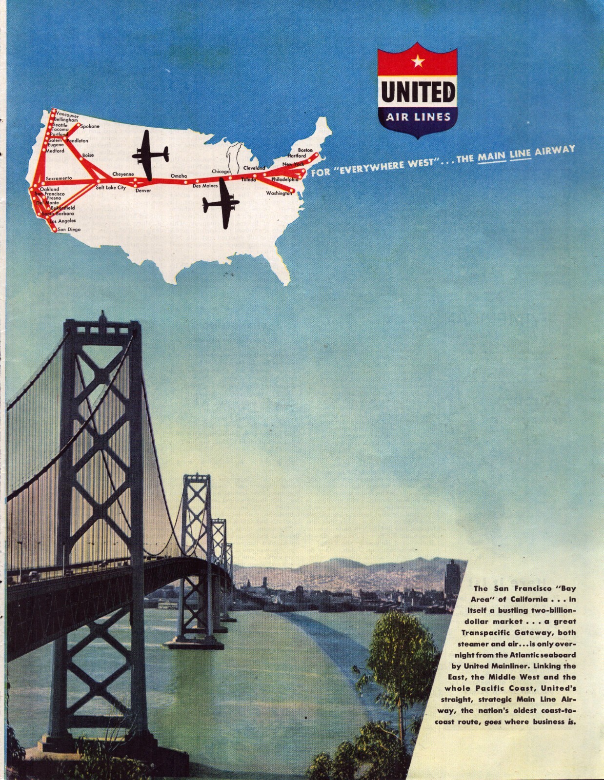 1944 United Airlines WWII Print Ad San Francisco Bay Bridge Everywhere West