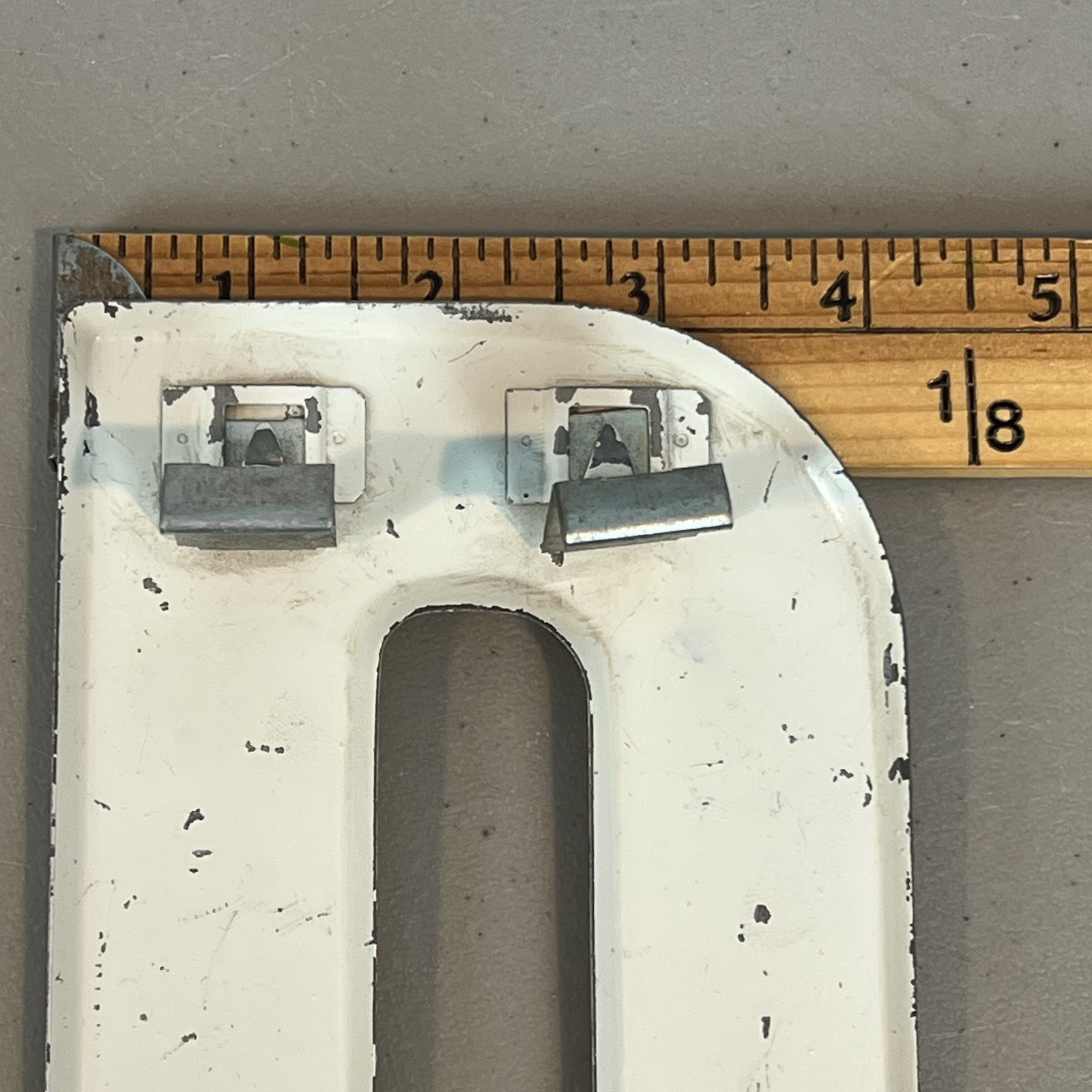 Vintage Metal 7.5″ Letter D For Marquee Sign Painted Off White w/ Clips Distress