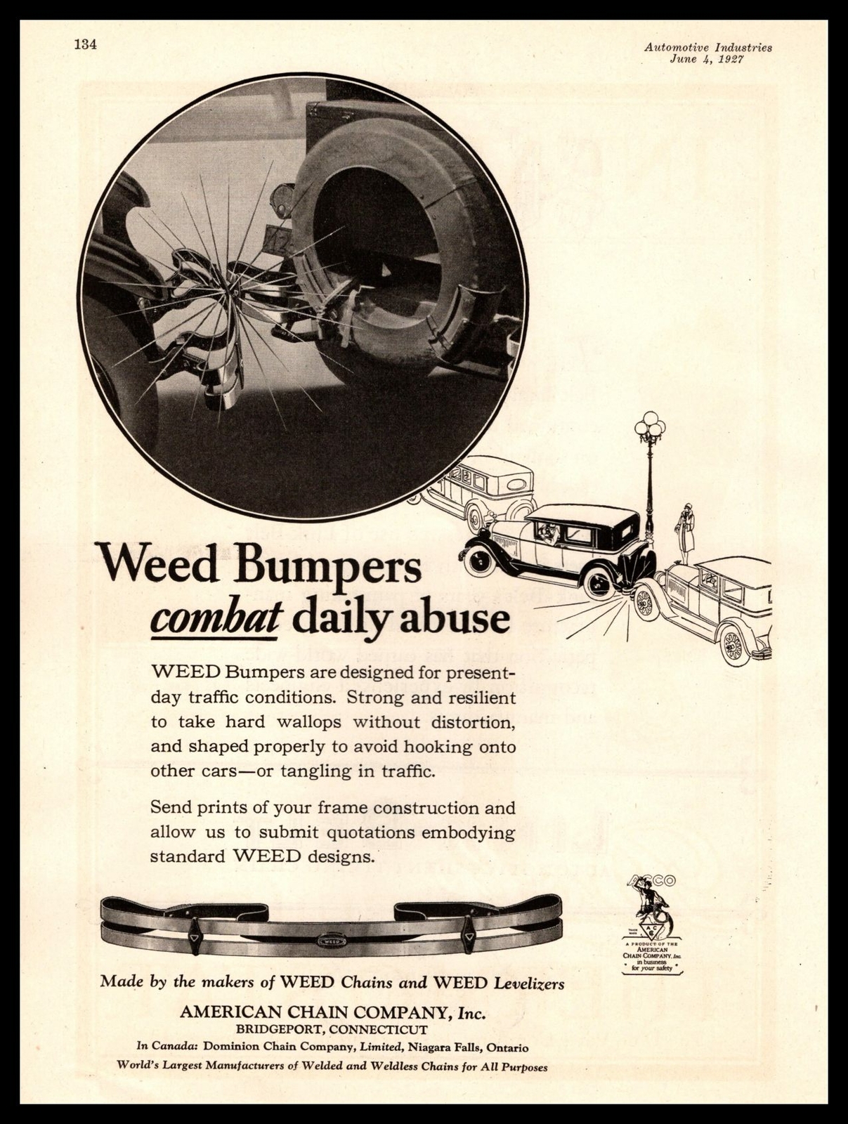 1927 American Chain Co. Bridgeport Connecticut “Weed Bumpers” Vintage Print Ad