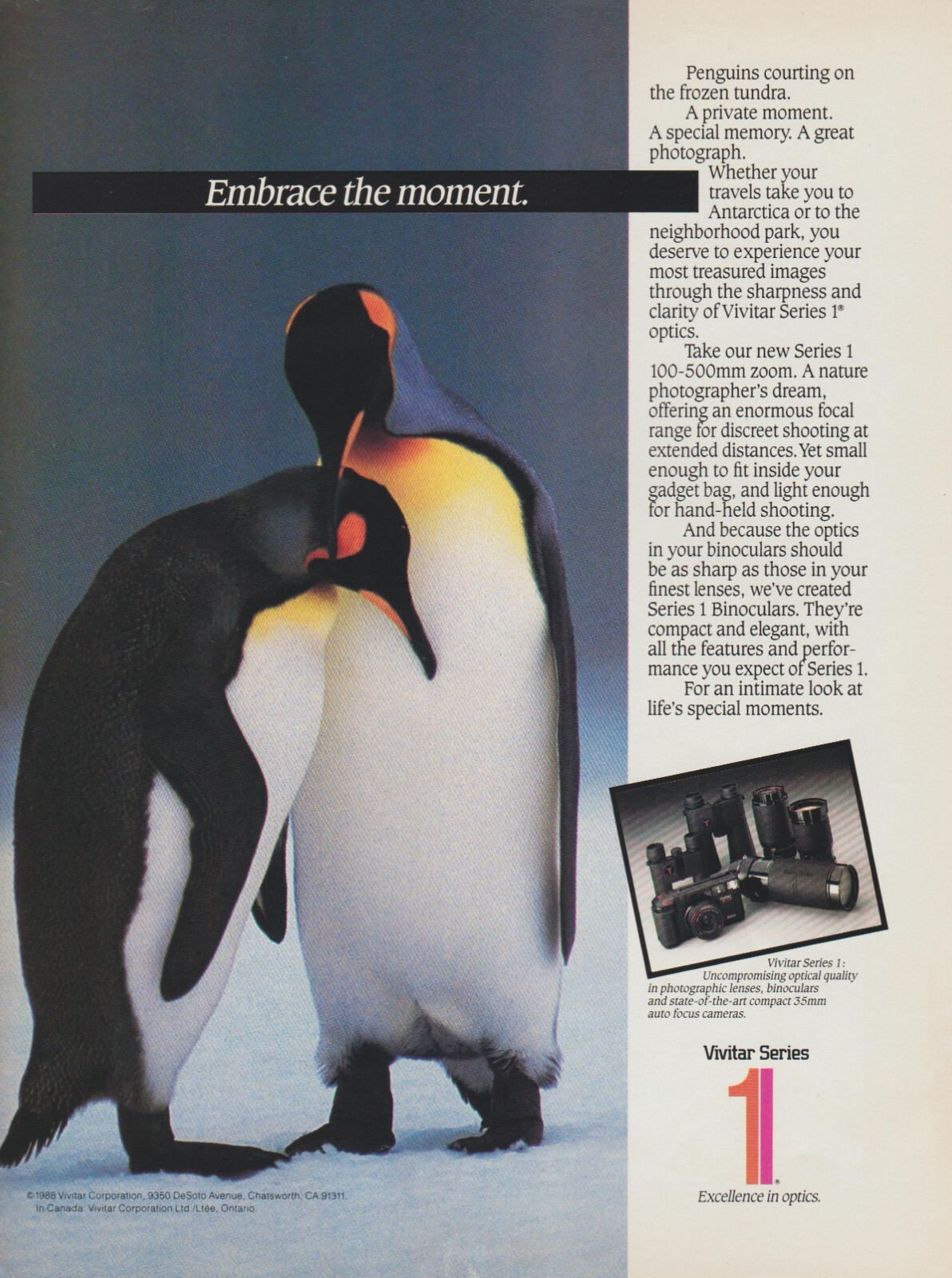 1988 Vivitar Camera Lenses – Courting Penguins Frozen Tundra – Print Ad Photo