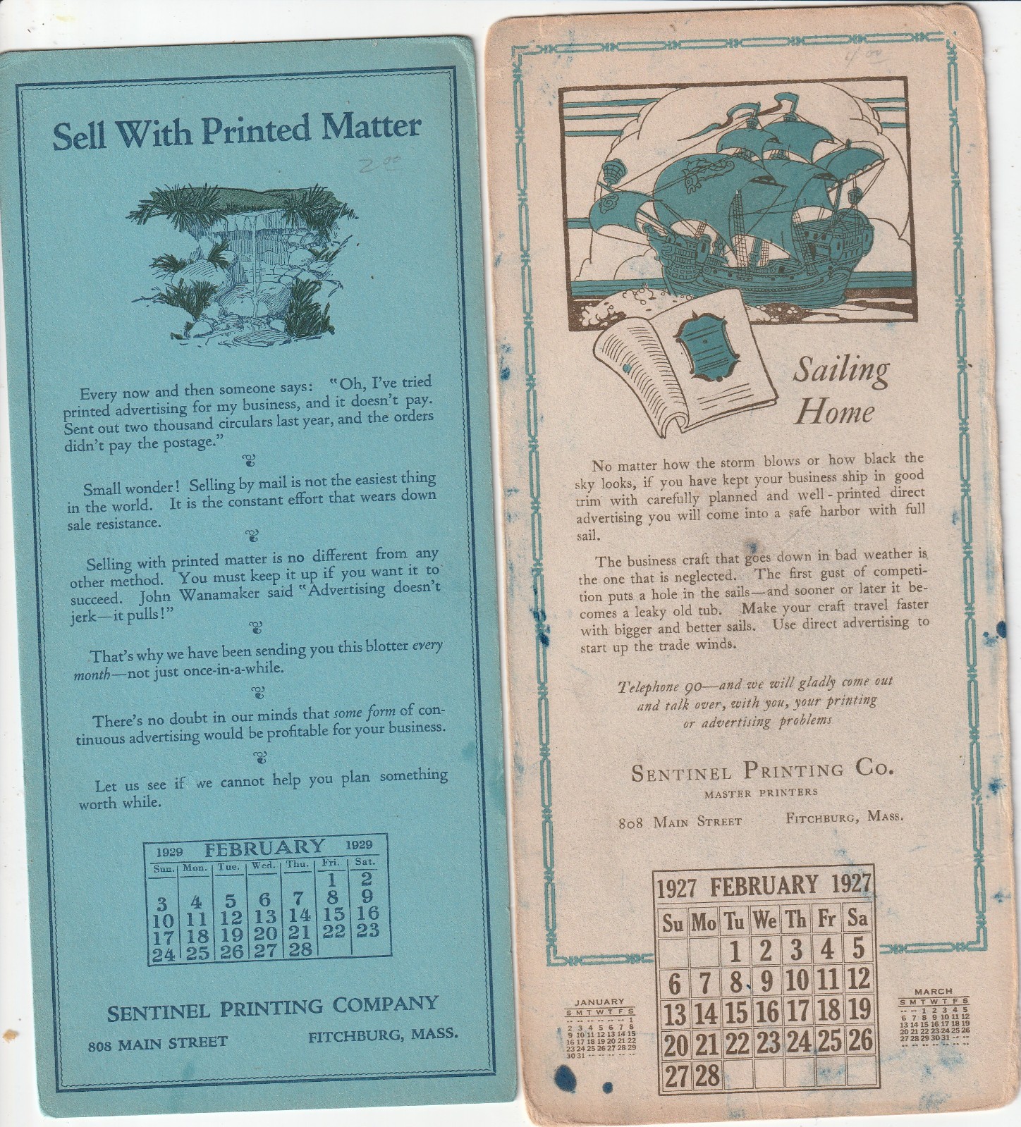 Fitchburg MA Sentinel Printing Co. Ink Blotters Feb. 1929 & Feb. 1927