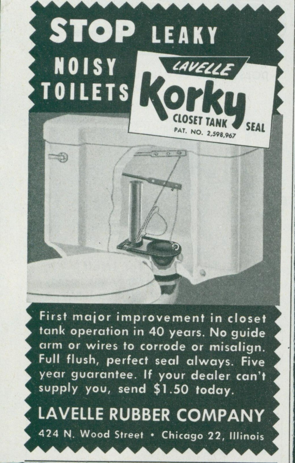 1955 Lavelle Korky Closet Tank Seal Stop Leaky Toilet Noise Print Ad SP22