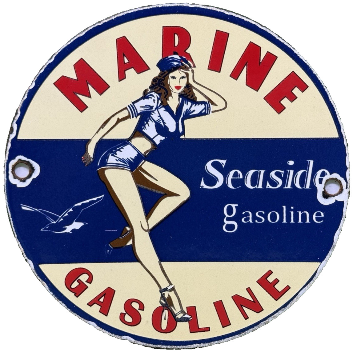 VINTAGE SEASIDE GASOLINE PIN UP PORCELAIN SIGN GAS STATION MOTOR OIL PUMP PLATE