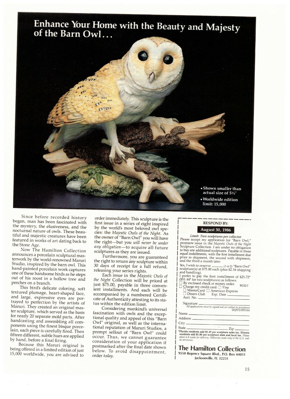 1986 Hamilton Collection Barn Owl Porcelain Vintage Print Advertisement
