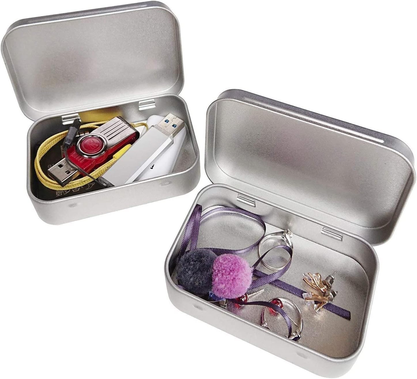 Compact Silver Storage Tins – 2PC Hinged Metal Containers for Crafts & More