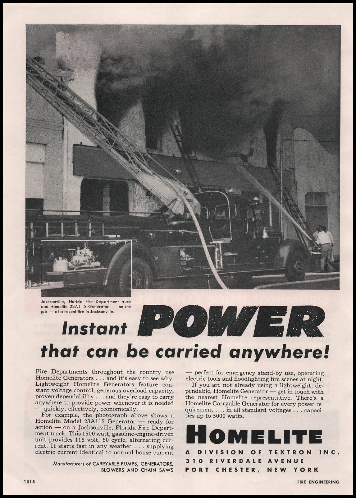 1957 Jacksonville Florida Fire Truck Photo Homelite 21A115 Generator Print Ad